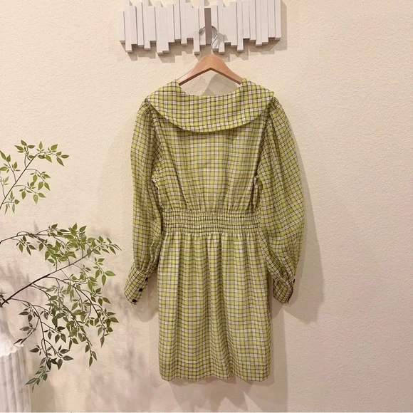 Ganni Yellow Green Point Collar Checked Long Sleeve Mini Dress Size 8 NWT - Picture 8 of 10